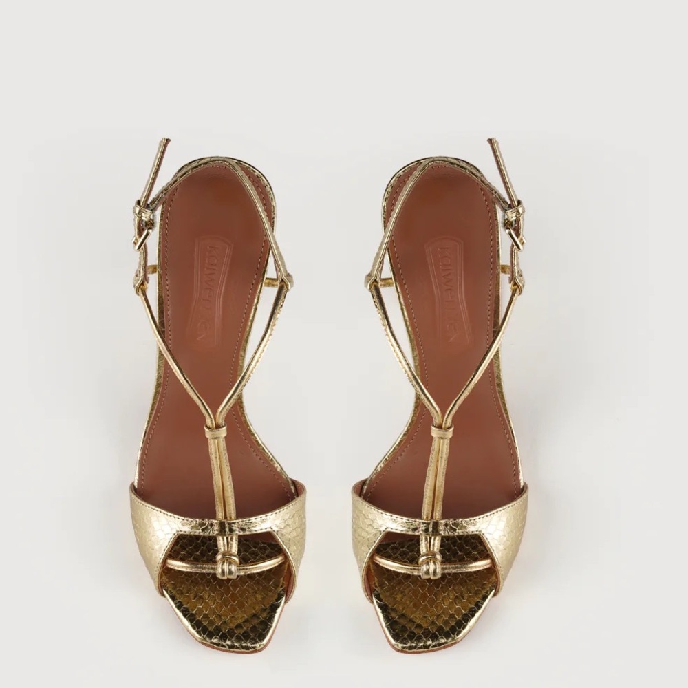 Handmade Metallic Ayers snakeskin sandal in 18K Gold. Open square toe.